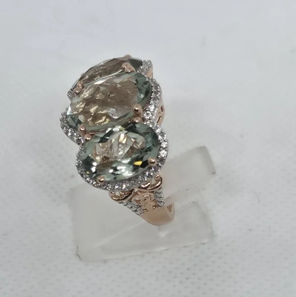 NWOT! Designer 3 Stone Prasiolite (Green Amethyst) Vermeil Rose Gold &925  Ring - Picture 3 of 10